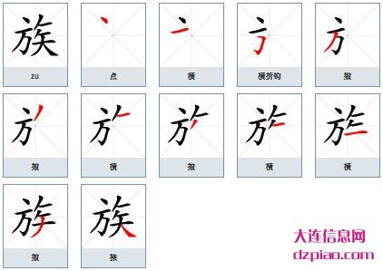 族的笔顺,分析族的笔画,体会族的部首